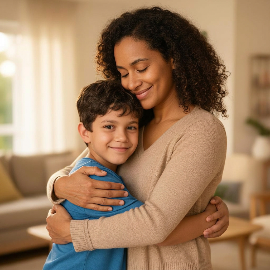 Mãe abraçando carinhosamente seu filho com autismo em um ambiente acolhedor